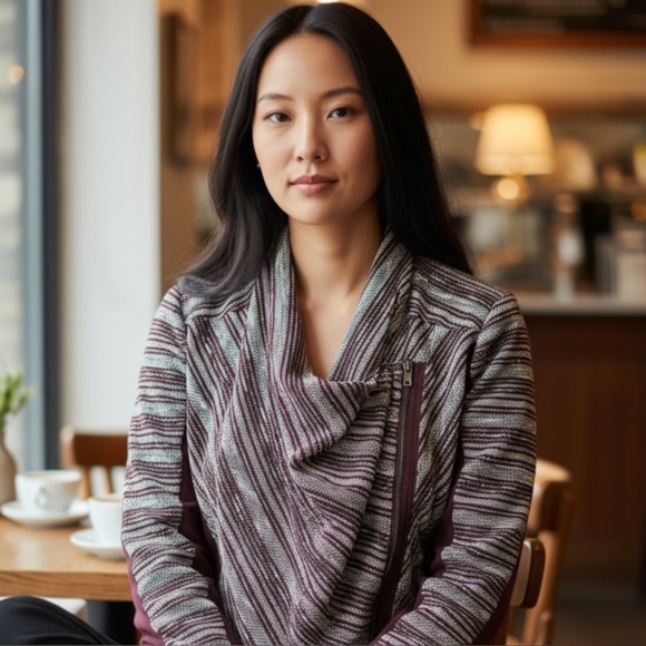 Lucky Brand Sweater Striped Open Front Moto Asymmetrical Zip Boho Cardigan Small - Picture 2 of 8